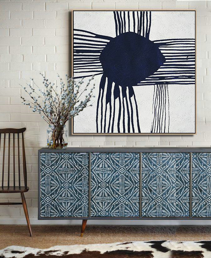 Extra Large Wall Art,Hand Painted Navy Minimalist Painting On Canvas,Acrylic Painting Wall Art